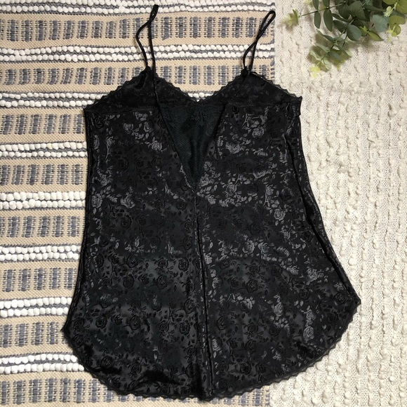 Vintage Black Rose Print Satin Slip w/ Lace Trim Sz L - Picture 6 of 16